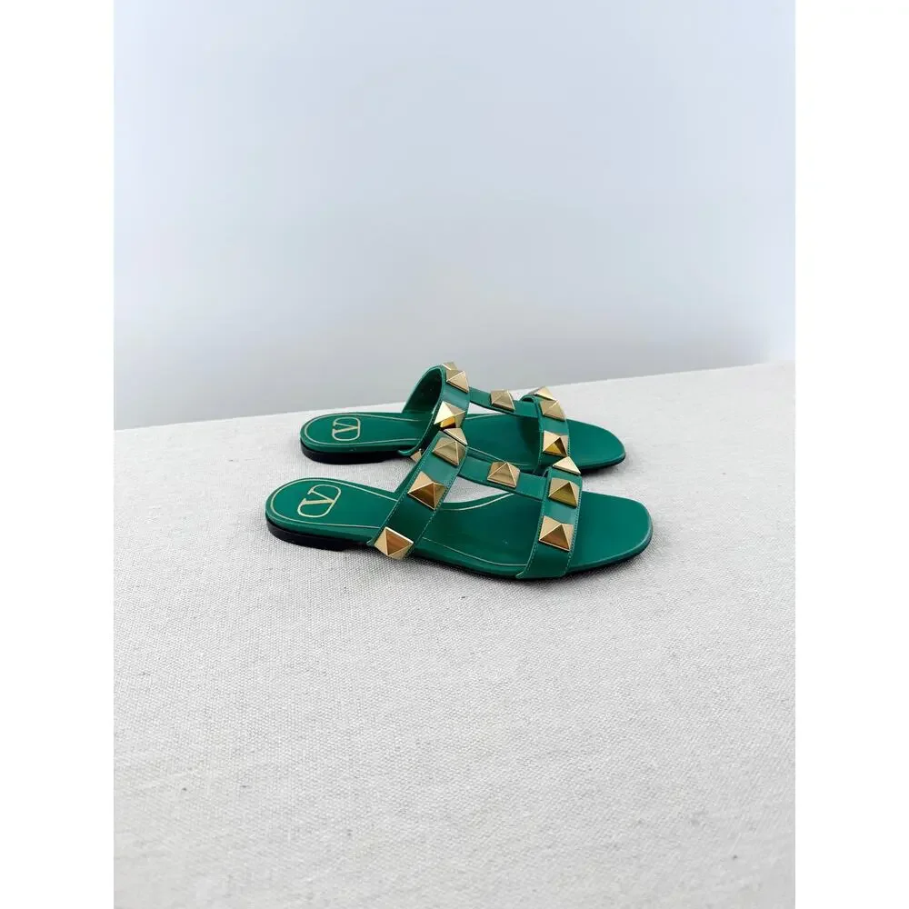 Valentino Garavani Roman Stud Slip On Slide Sandals Green Women's Size EU 36